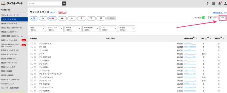 「CSV」をクリックしてファイルをダウンロード