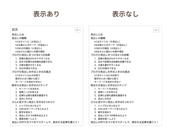 見出しラベルの表示の有無による比較